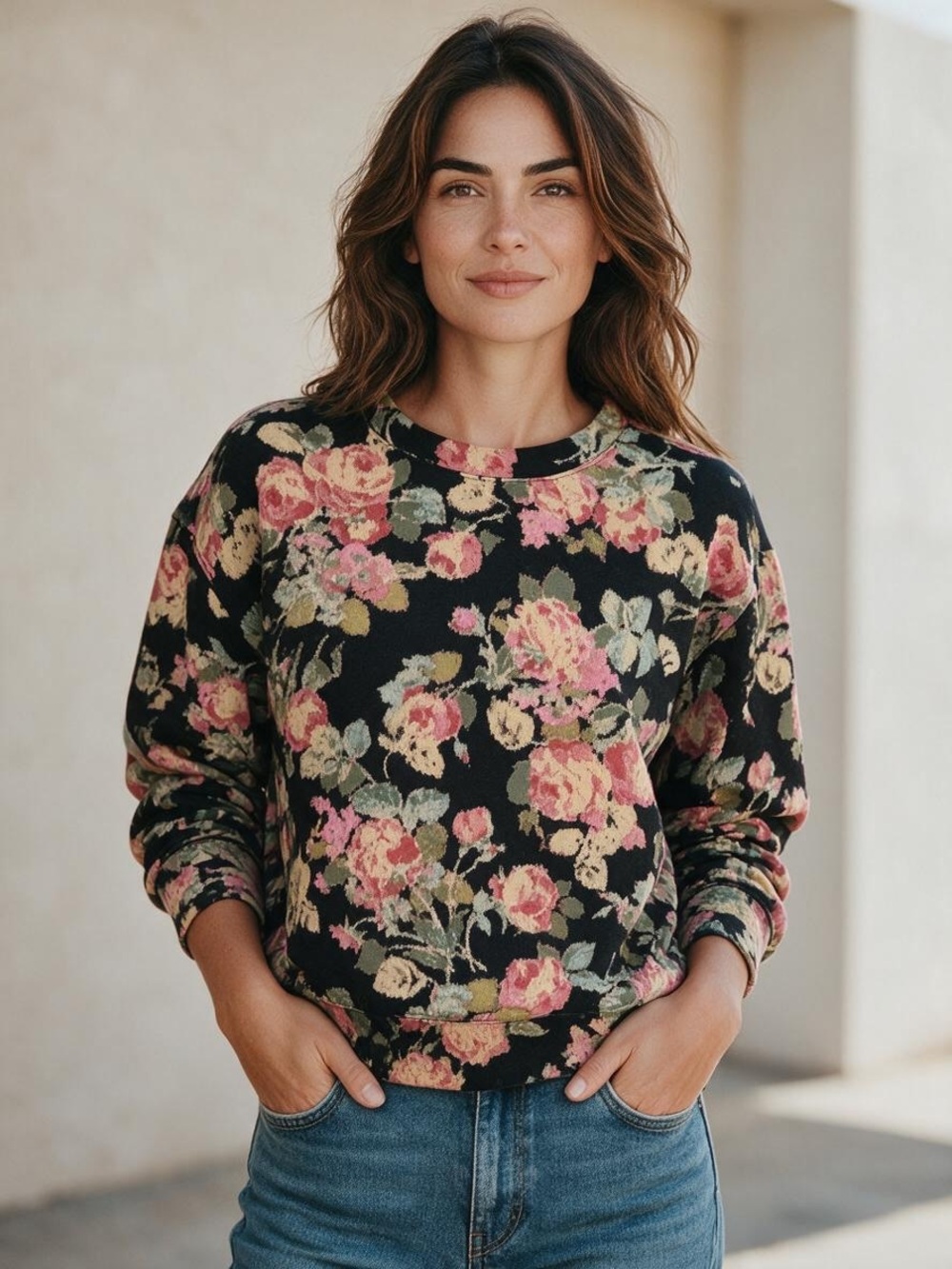 LOFT Floral Sweatshirt Sample NWT | Medium • Black Pink Floral • Rare Find